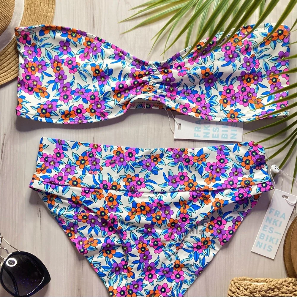 Frankie's Bikinis 👙 Floral Strapless Cinched Bandeau Top | High Rise Bottoms 🍍